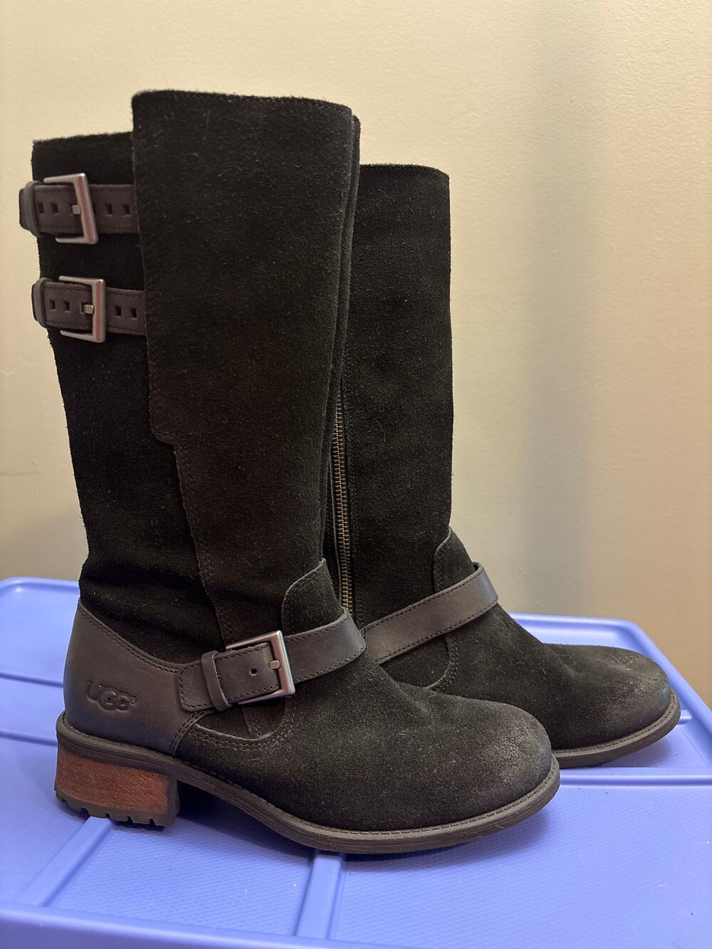 Ugg Shoes | Ugg Deanna Moto Boots Womens 7 Black Suede Buckle Biker Grunge Goth